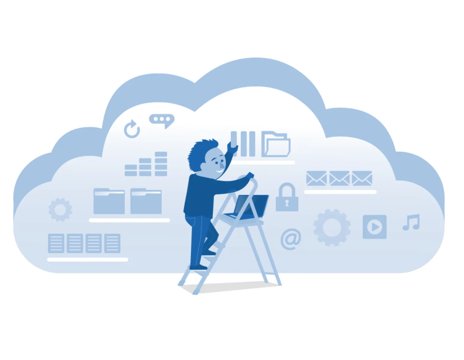 Illustration of a person on a ladder arranging files, folders and settings inside a cloud