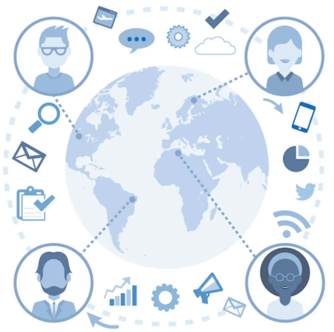 Illustration of four people around a globe, connected by dotted lines and surrounded by communication and data icons