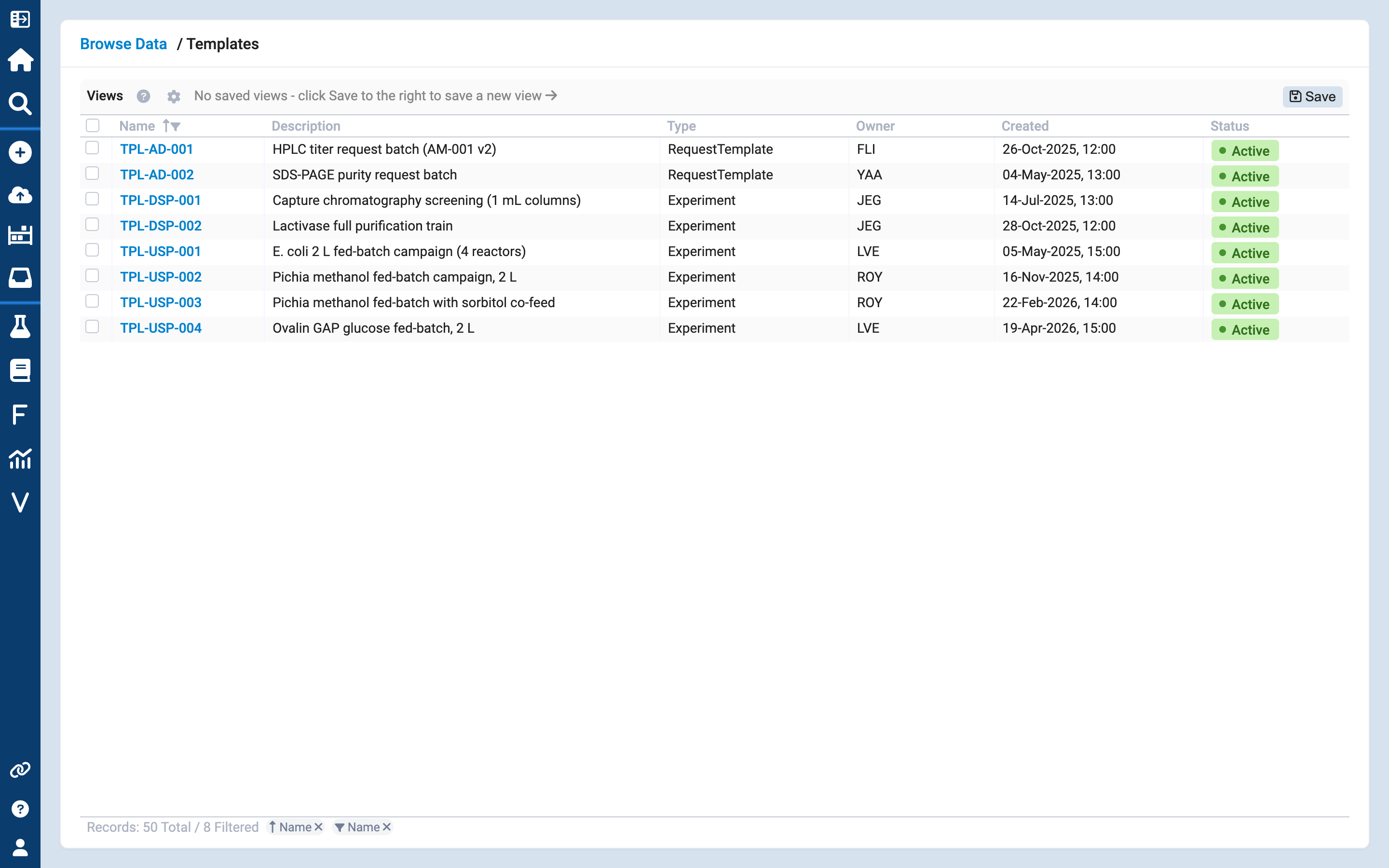 Scifeon list of saved experiment and request templates