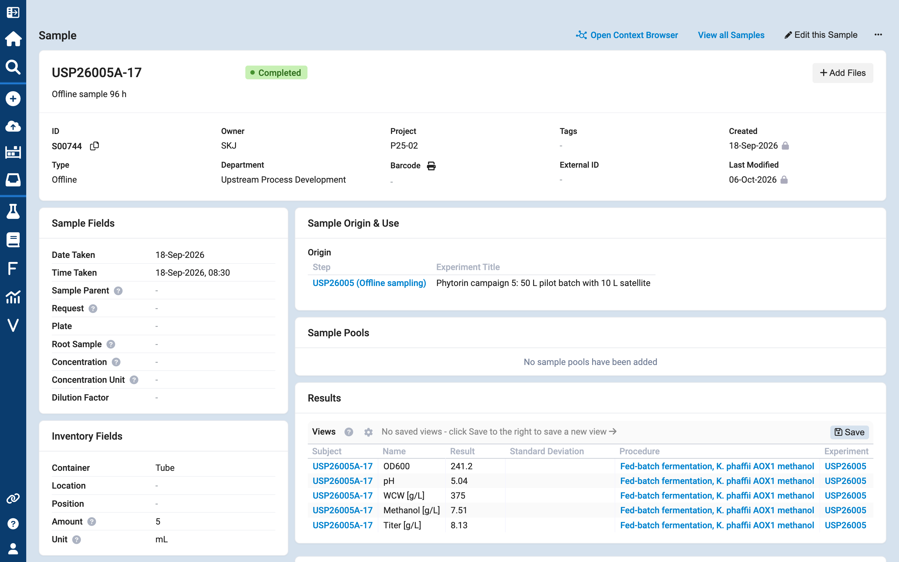 Scifeon sample page of USP26005A-17 with its origin in campaign USP26005 and its results