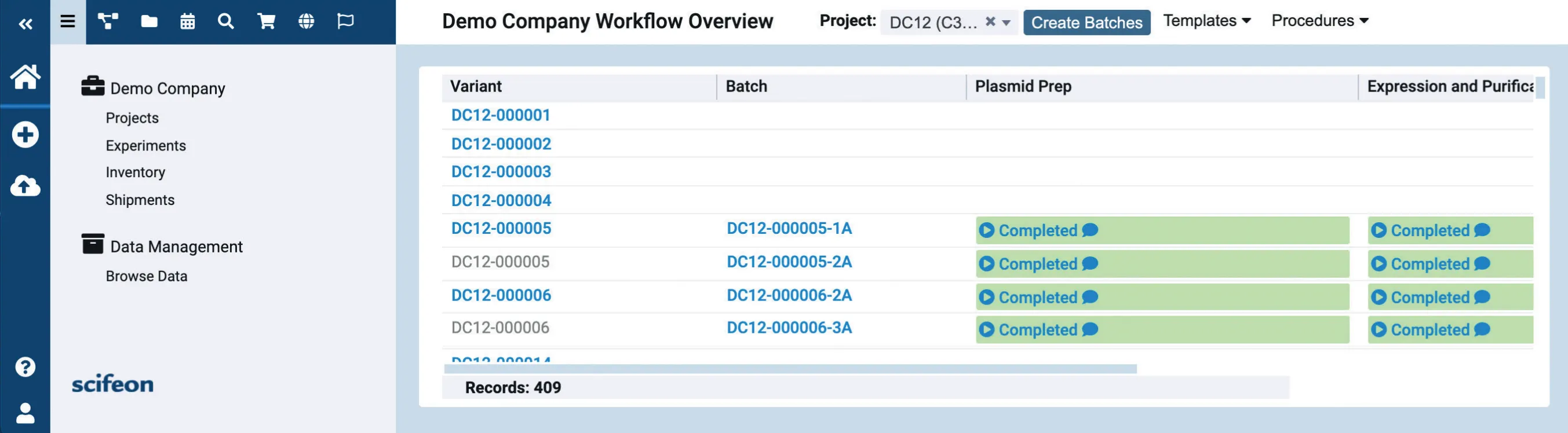 Screenshot of the Scifeon workflow overview for a demo company: a table of variants and batches with completed Plasmid Prep and Expression and Purification steps
